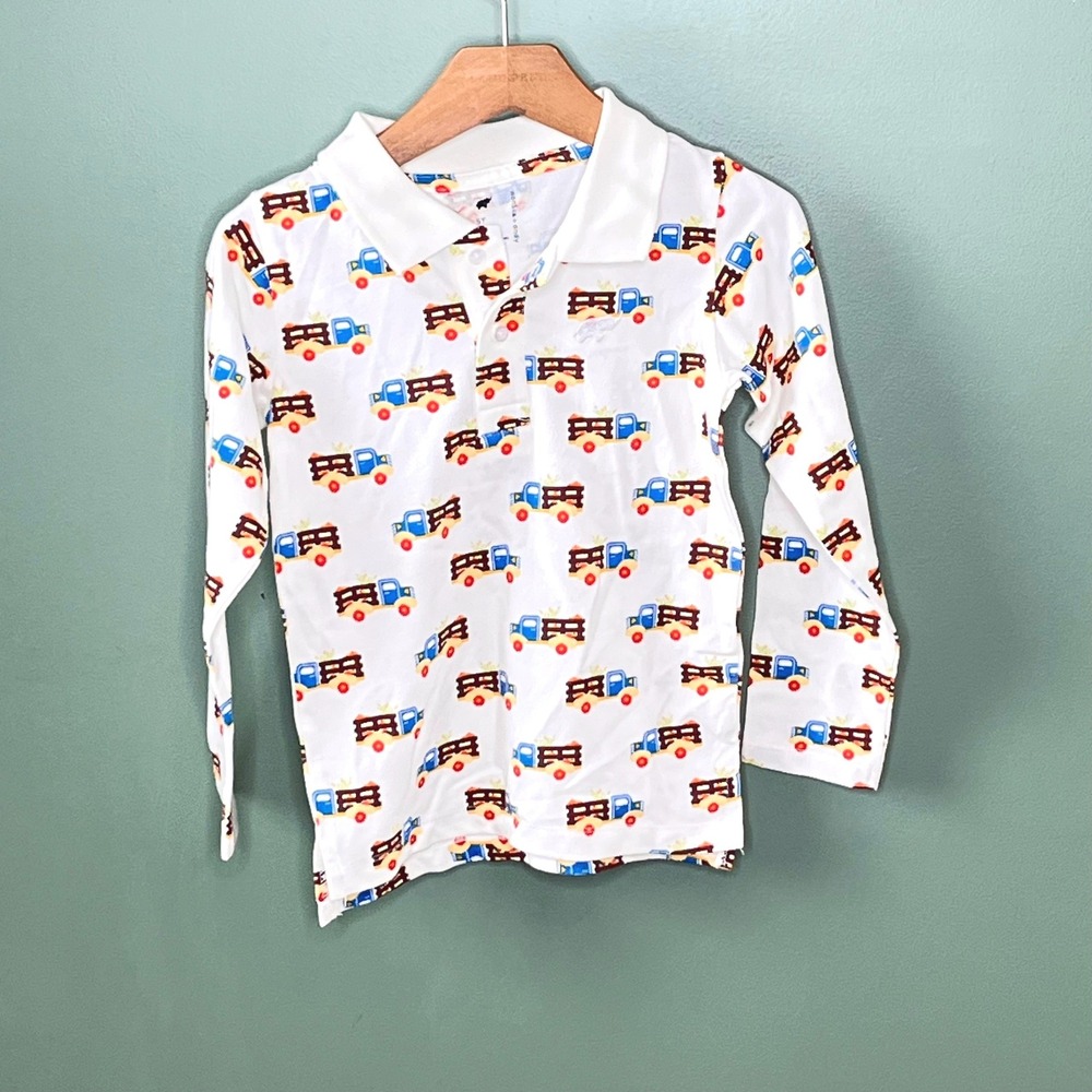 Monica + Andy Kids White Long Sleeve Polo Shirt Vintage Farm Truck Print 5T